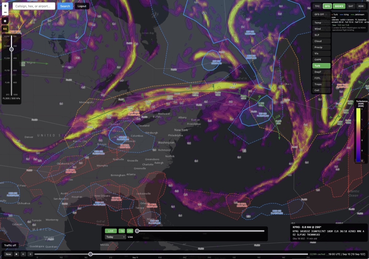 Turbulence forecast at FL300 along the jet stream over the northeastern US