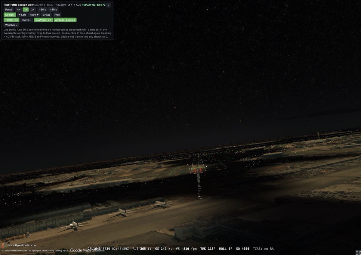 Night approach into JFK with approach and runway lighting