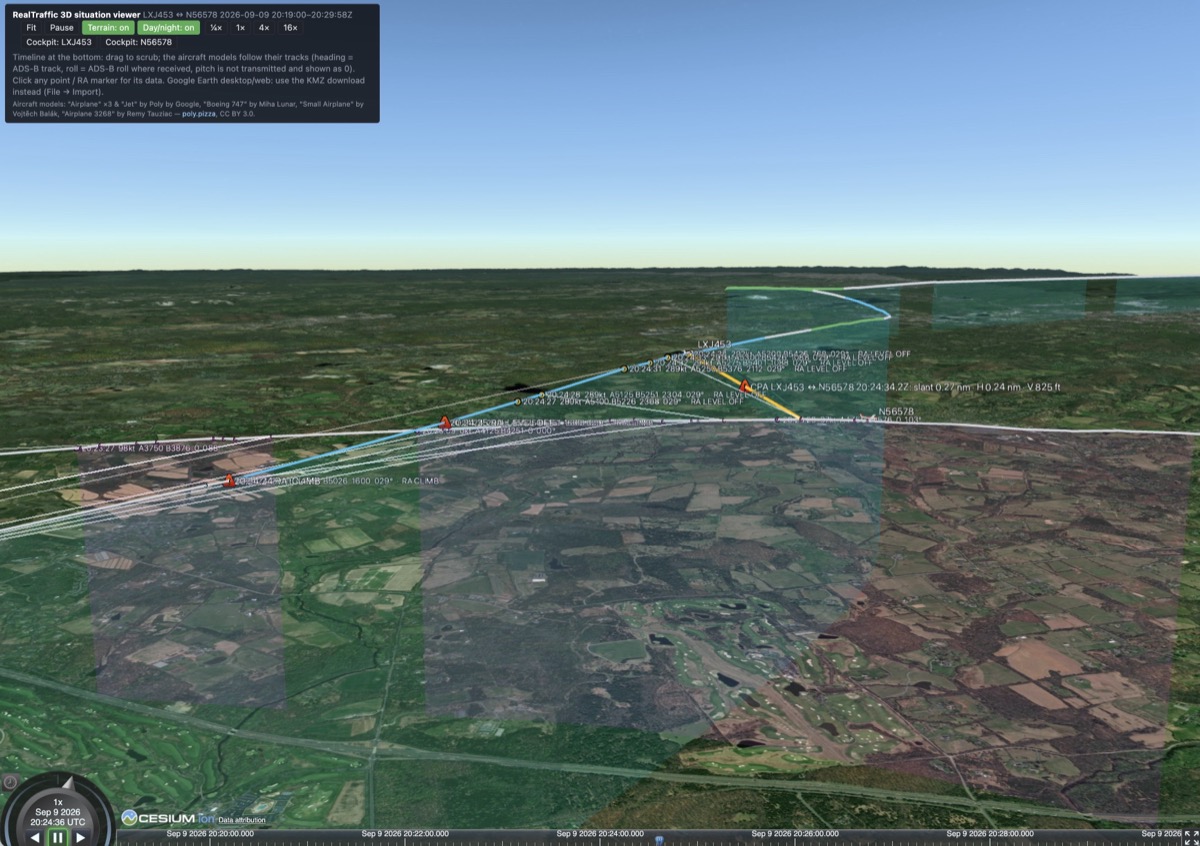 3D situation viewer showing both aircraft tracks and the closest point of approach