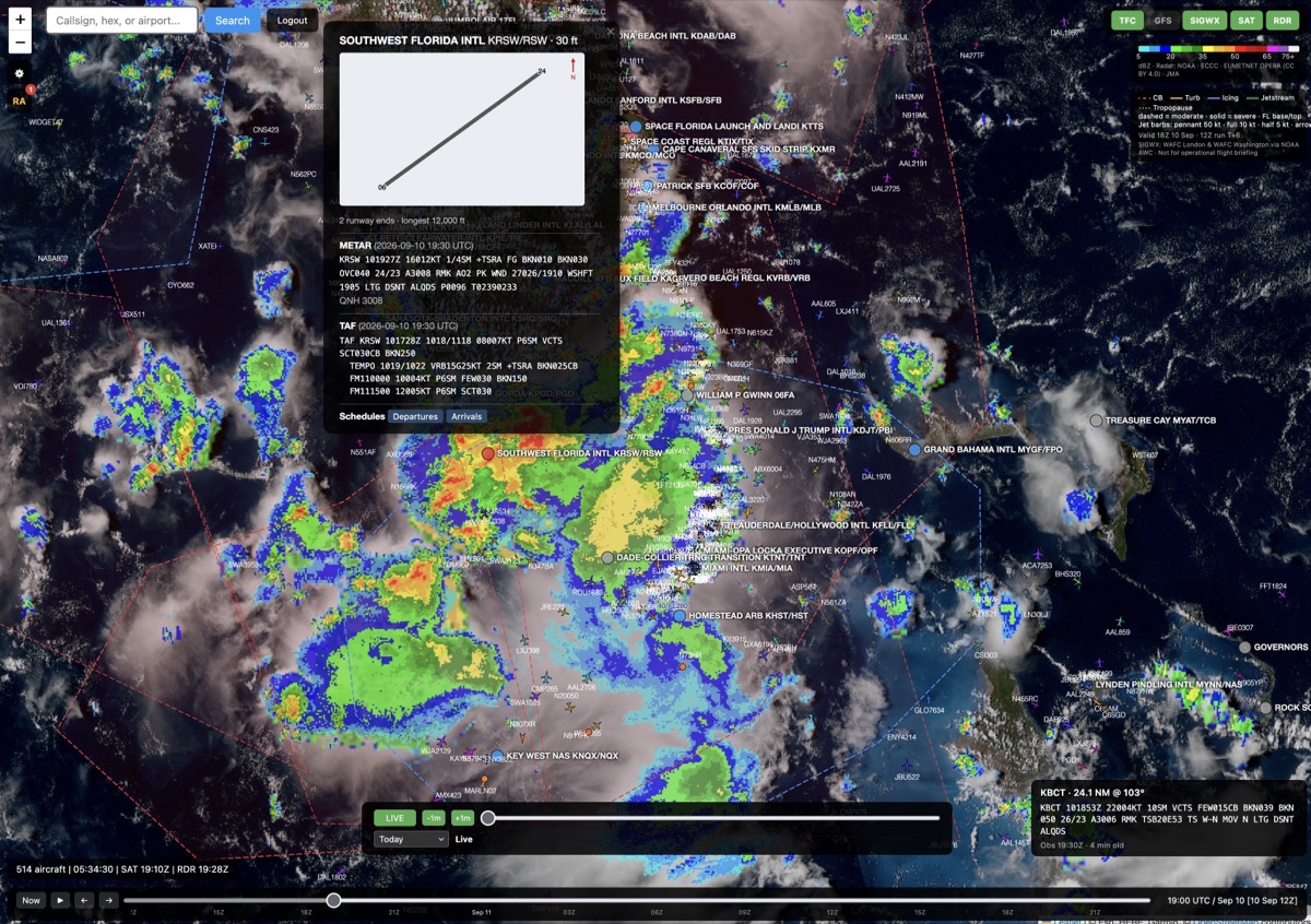 True colour satellite with weather radar over Florida and an airport popup showing the METAR and TAF