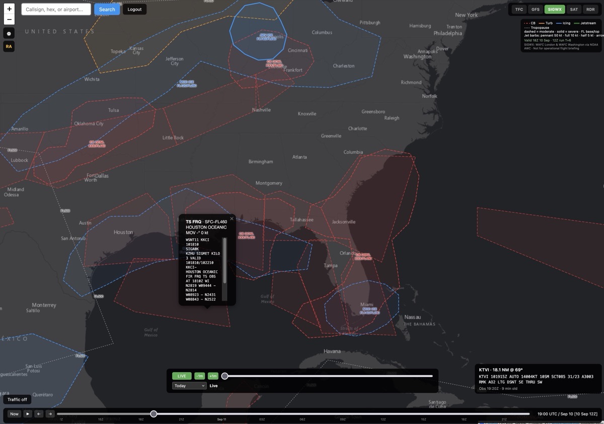 SIGWX chart over the southeastern US with a live SIGMET popup open