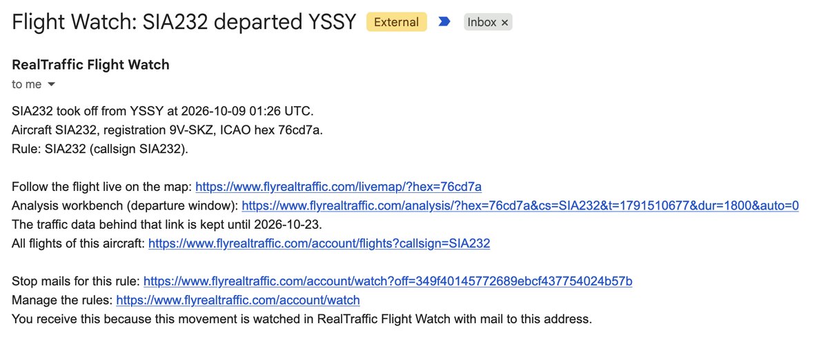 Flight Watch alert email: SIA232 departed YSSY, with follow, analysis and flights links