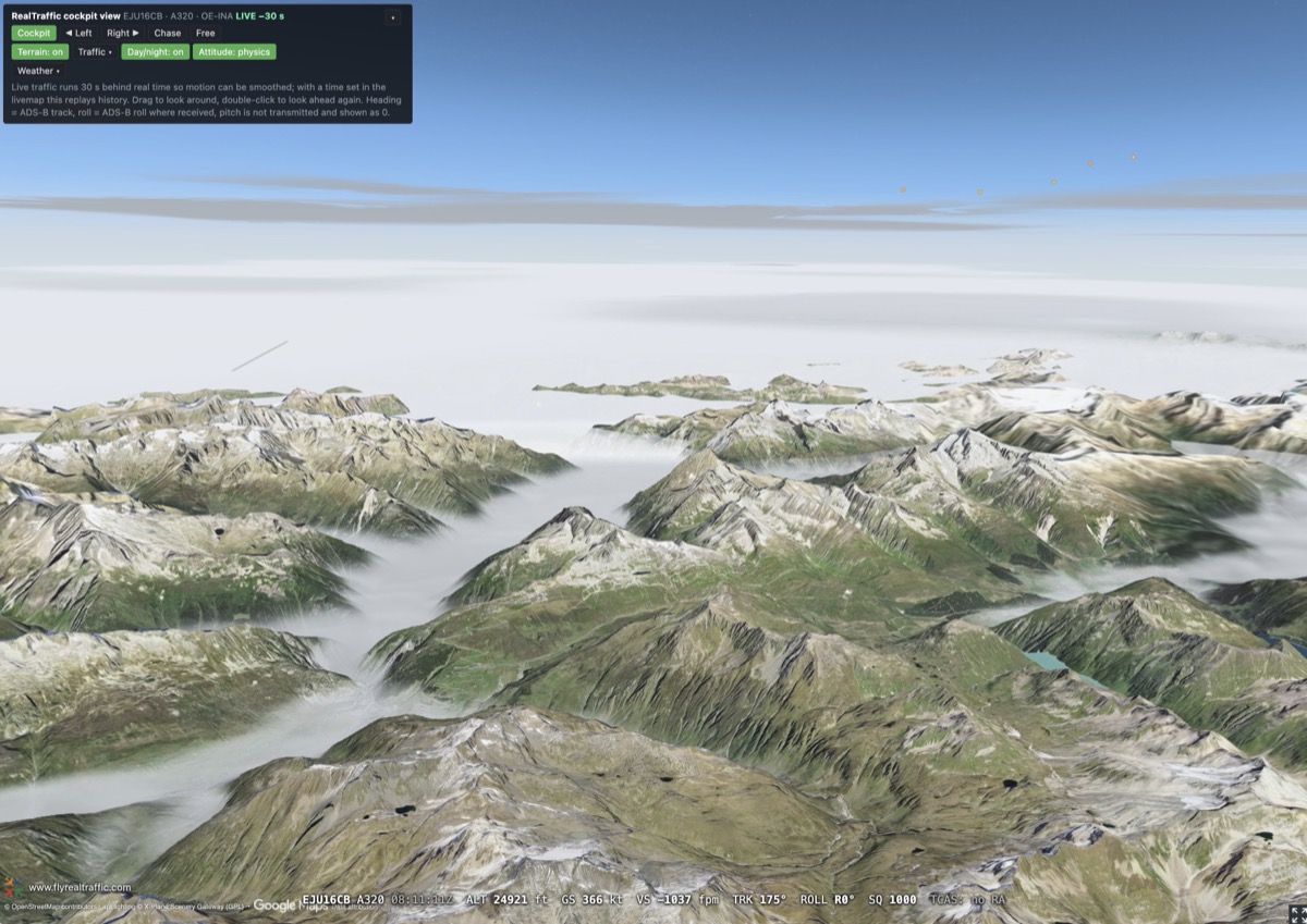 Cockpit view from an A320 over the Alps with an undercast in the valleys