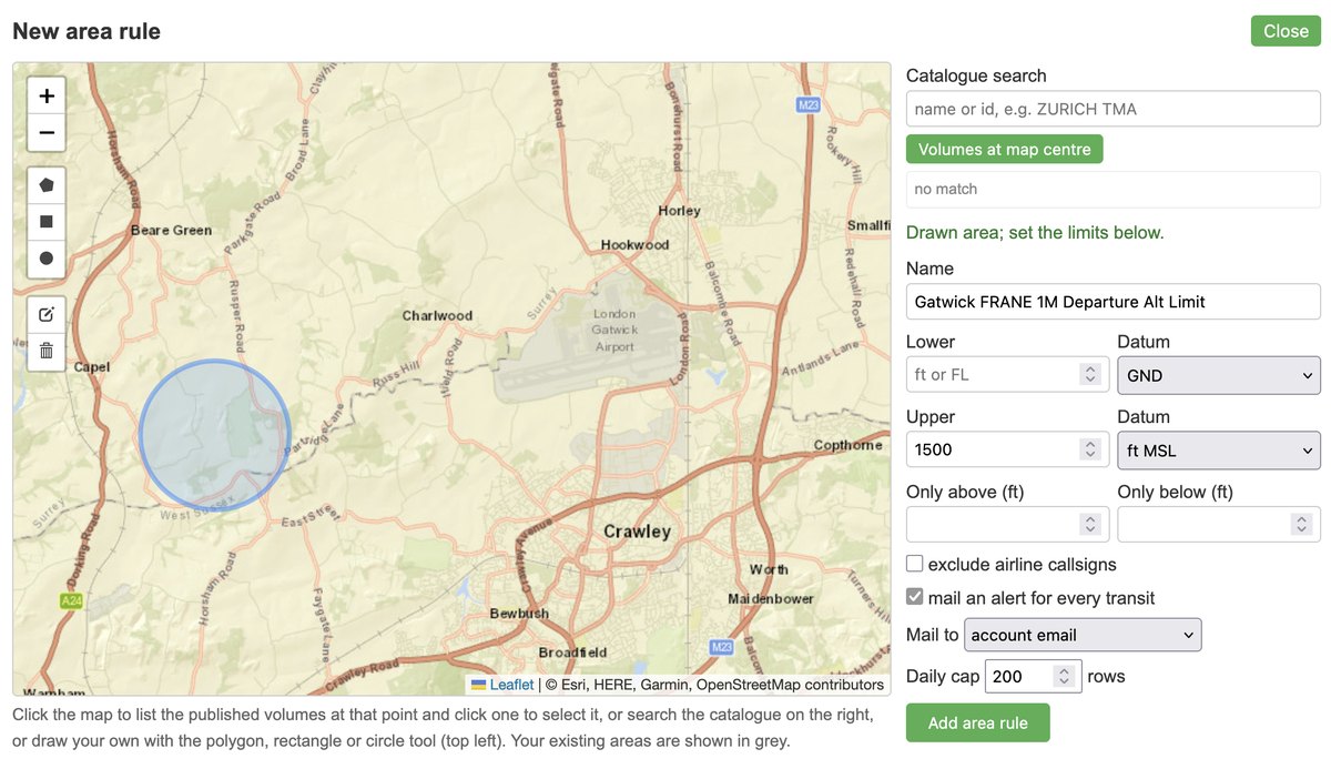 New area rule picker with a drawn circle west of Gatwick and an upper limit of 1,500 ft