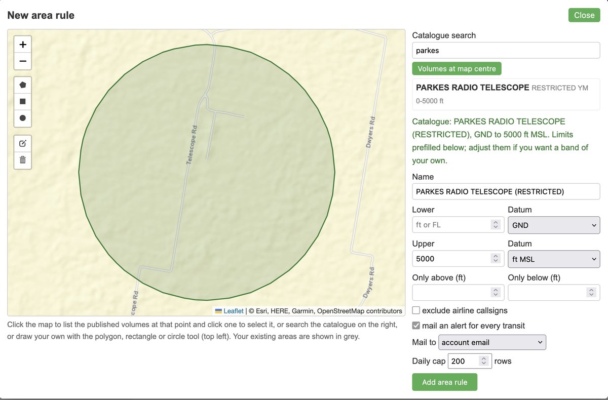 New area rule picker with the Parkes Radio Telescope restricted area selected from the catalogue