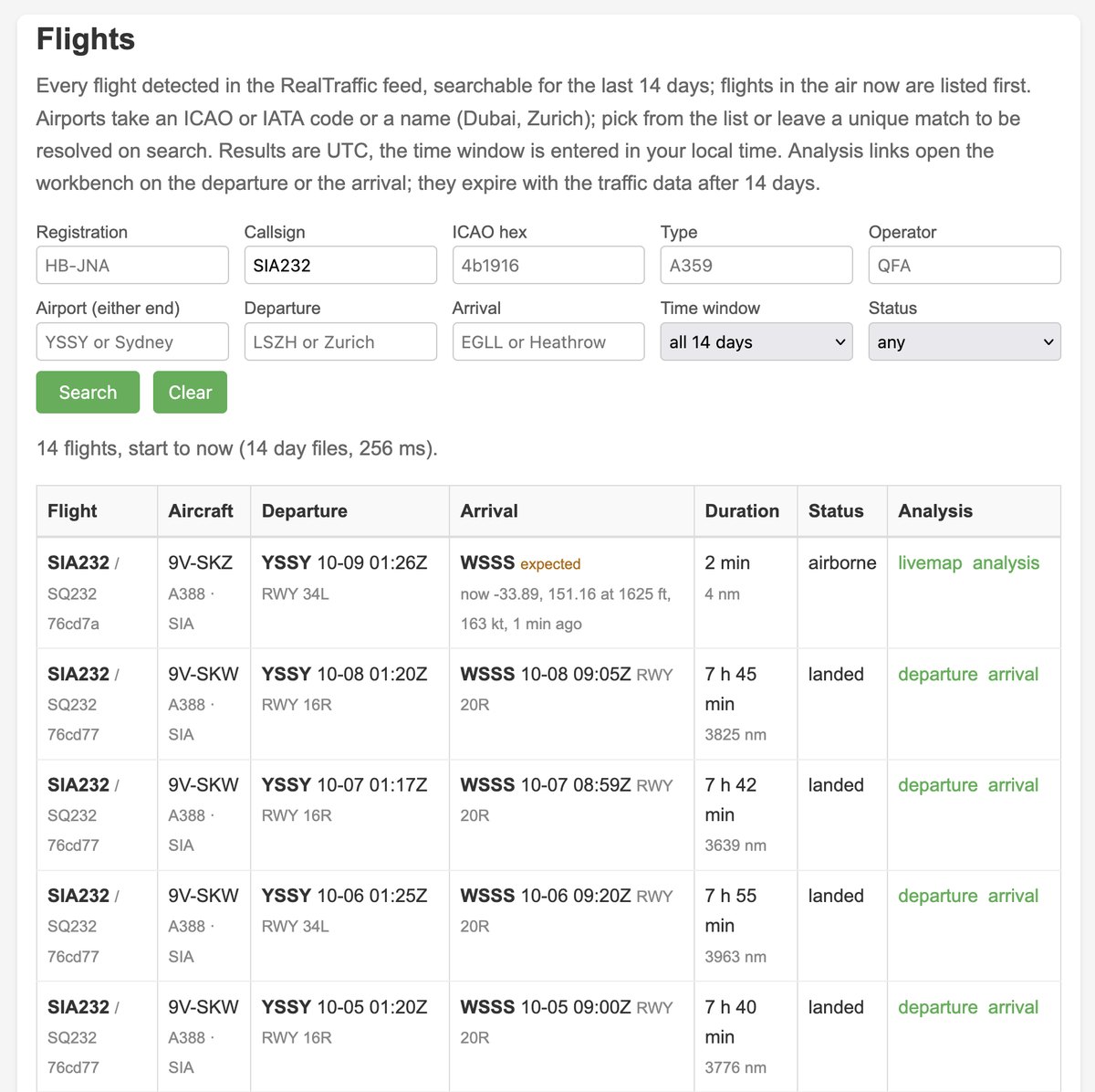 Flights search page listing fourteen days of SIA232 flights with runways, durations and analysis links
