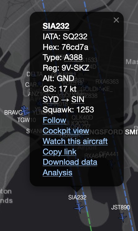 Livemap aircraft popup with the Watch this aircraft link